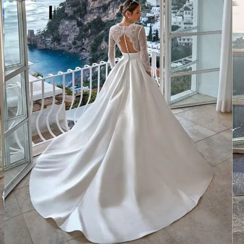 Роскошное Свадебное платье для женщин 2024 современное с V-образным вырезом длинными рукавами иллюзионное Тюлевое свадебное платье А-силуэта на пуговицах с открытой спиной