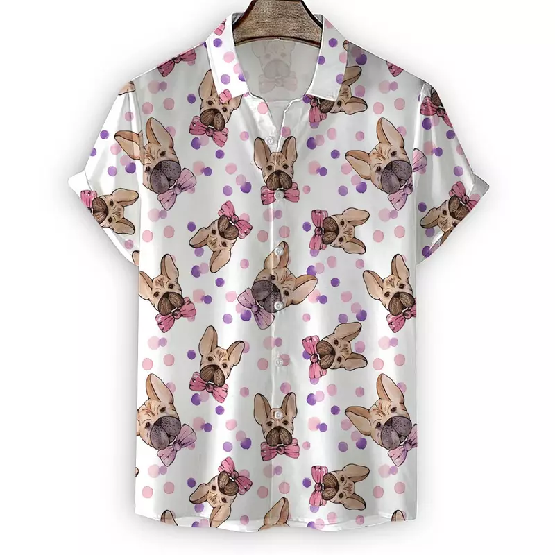 Cute dog print men's short-sleeved shirt 2023 new 3D digital print loose casual shirt silly and cute dog print.