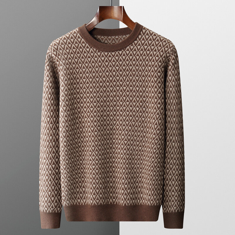 Новинка Осень-зима 2023, мужской плотный пуловер с круглым вырезом, вязаный свитер из 100% шерсти