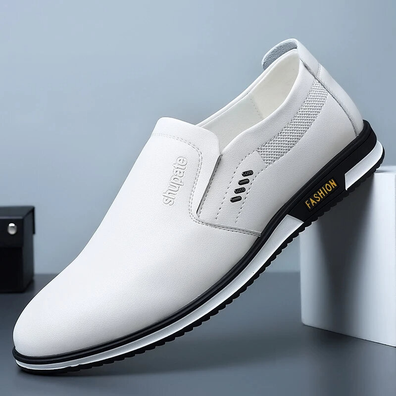 Zapatos cómodos de cuero blanco para Hombre, Zapatillas informales antideslizantes de suela suave, para exteriores, de verano, talla grande
