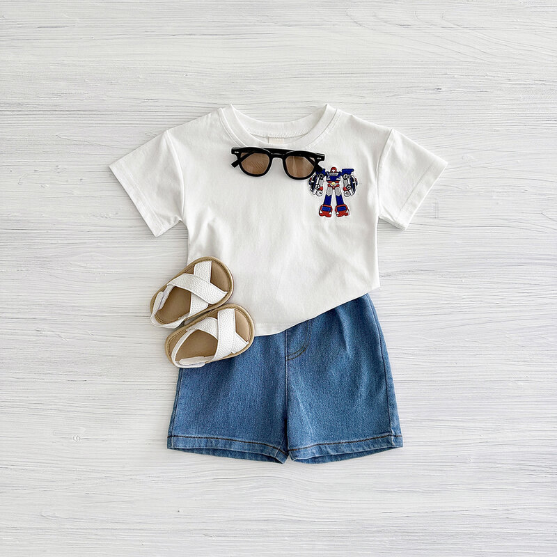 2024 neue 2 Stück Baby Jungen Kleidung Set Roboter Stickerei Kurzarm T-Shirt Denim Shorts Mädchen Anzug Sommer für 0-3y Kinder