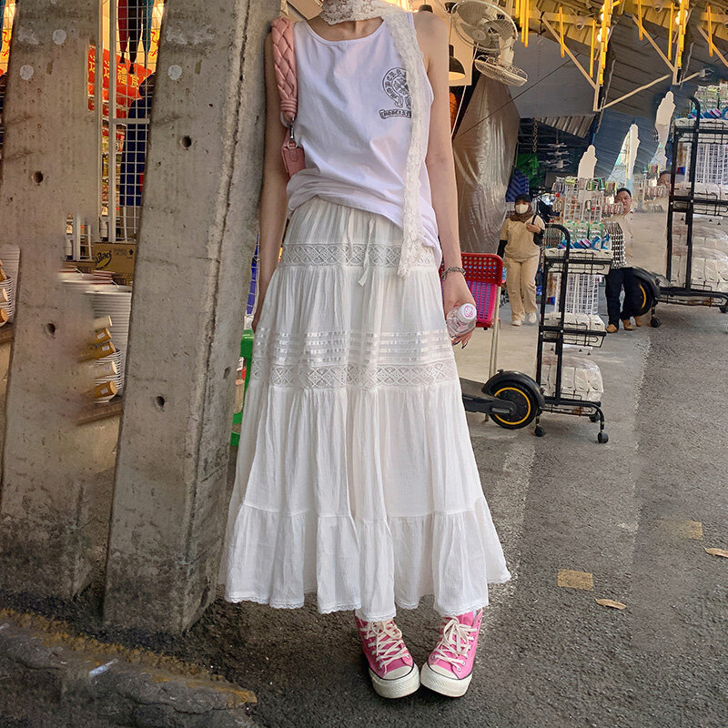 Faldas blancas Retro de cintura alta para mujer, ropa informal larga drapeada versátil, 2024