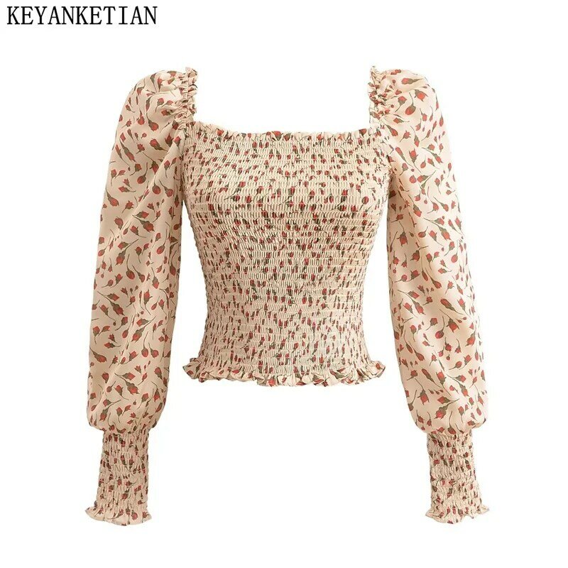 KEYANKETIAN 2024 New Launch Holiday wind Flower Print Elastic Shirt Spring Women's Puff Sleeve Sweet Crop Top Pullover Blouses