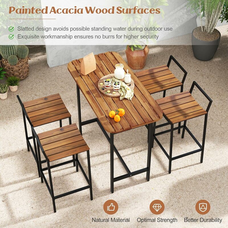 Acacia madeira ao ar livre bar altura mesa, cadeiras com armação de metal e apoio para os pés, pátio bar mesa set para 4, 5 pcs