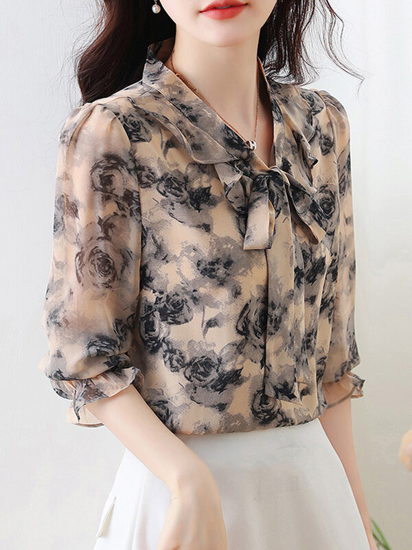 Blusa de gasa con estampado para Mujer, camisa elegante con lazo y cuello en V, ropa de oficina, Primavera, 2023