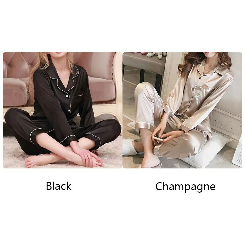 Piżama damska Bielizna nocna Czarny Szampan L XL Koszula z długim rękawem i spodnie Ice Silky Solid Color Casual Smooth