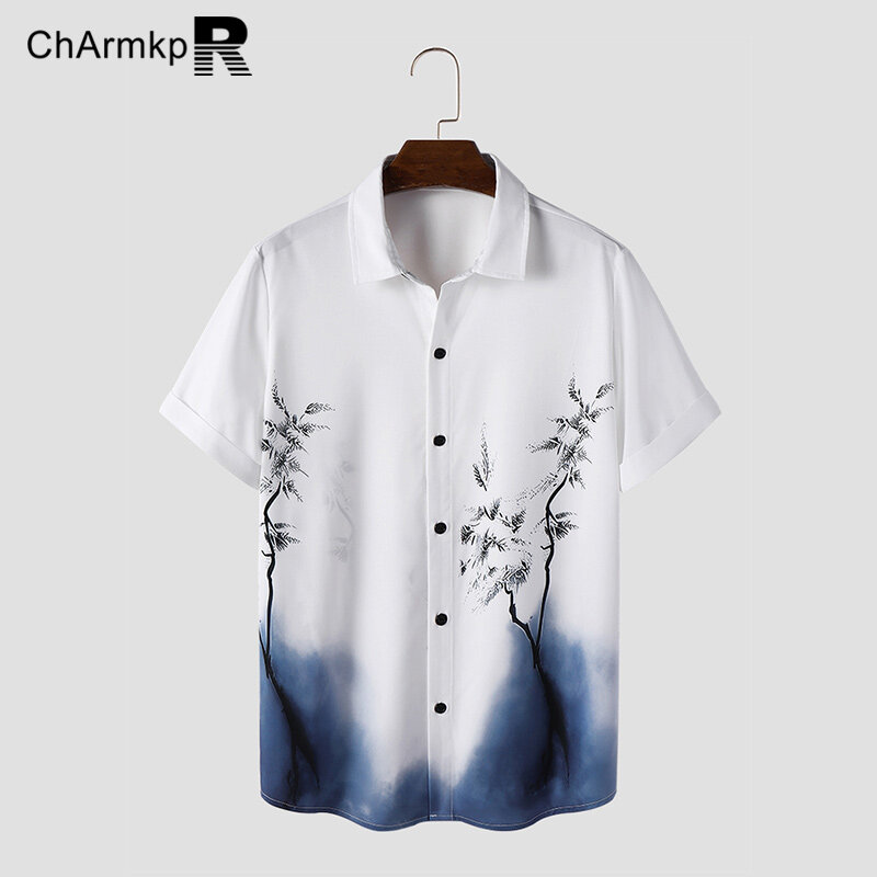 2024 Männer Hemden Pflanzen druck Revers Kurzarm Charmkpr Turn-Down-Kragen Button-up-Shirt Sommer Tops Streetwear T-Shirt Camisas