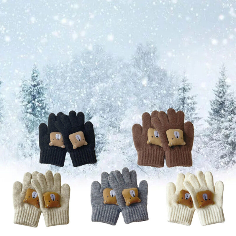 1 Pair Cartoon Bear Kids Finger Knitted Gloves Winter Warmth Gloves Comfortable Gloves for 3-7 Years Old Toddlers