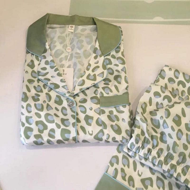 Pijama de seda leopardo verde feminino, calças de manga comprida, conjunto de outono pijamas femininos, 2 peças