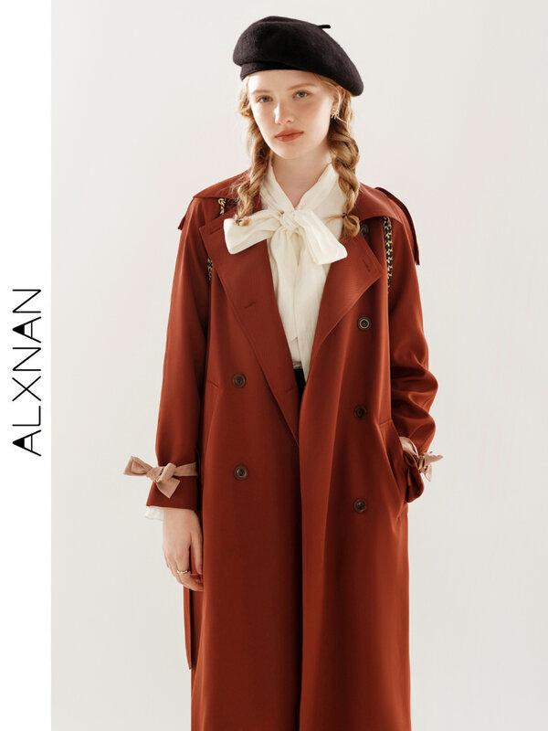 ALXNAN Temperament Trench Coat With Bow Strap 2024 Autumn Winter Loose Single Breasted Midi Windbreaker Jacket For Women TM00516