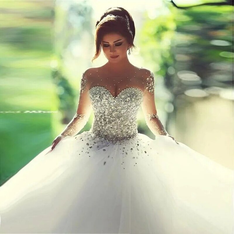 ANGELSBRIDEP Luxus Kristalle Ballkleider Hochzeit Kleider Lange Ärmel Tüll Elegante Arabisch Dubai Brautkleider Vestido De Noiva