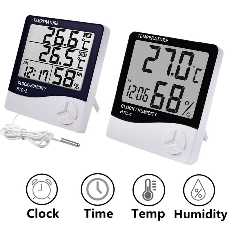 LCD Eletrônico Digital Medidor de Umidade Temperatura, Home Termômetro, Higrômetro, Estação Meteorológica Interior e Exterior, Relógio, HTC-1, HTC-2