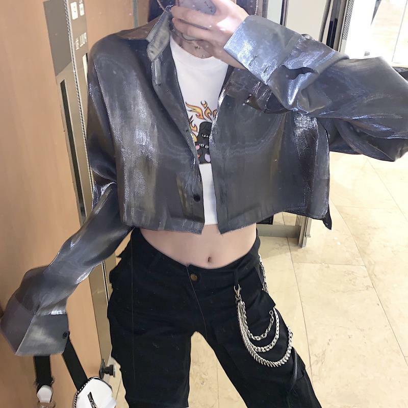 Shirt Button Grey Women Cropped Thin Summer Pure Color Cool Simple Outwear Sun Protection Outdoor Fashion Ladies Leisure Popular