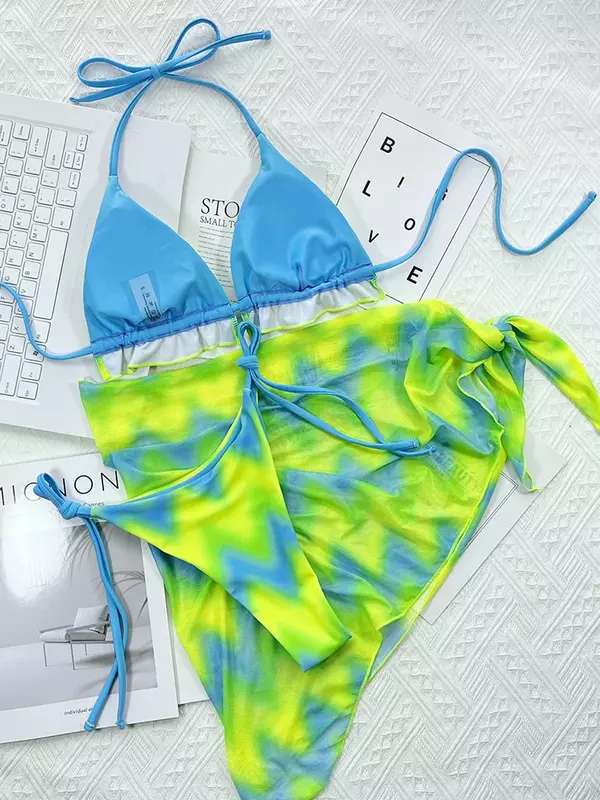 3 PCS Tie Dye Ruffled Frilled Bikini Women Swimsuit Female Swimwear Three-piece Bikini Set Mesh Sarong Bather Bathing Suit Swim