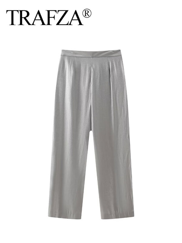 TRAFZA Spring Long Pants Woman Trendy Silver High Waist Pockets Buttons Zipper Trousers Female New Fashion Wide Leg Pants