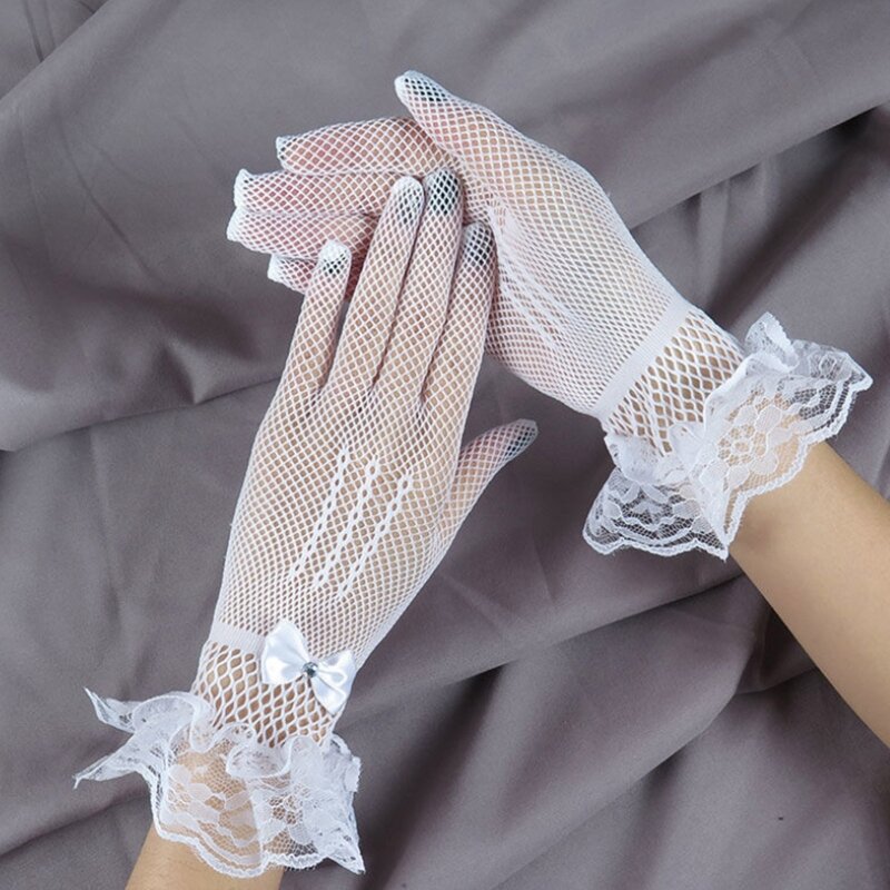 Женские длинные перчатки для невесты, перчатки из прозрачной сетчатой ткани с отверстиями для ночного клуба, перчатки с закрытыми пальцами для танцев, плиссированные сетчатые рукавицы с манжетами