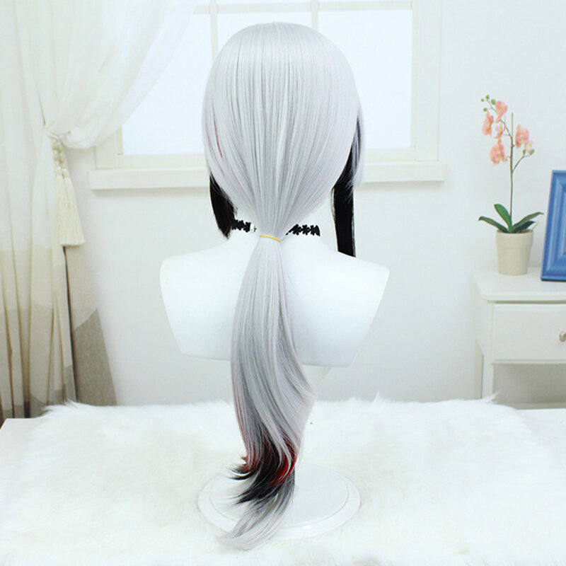 Genshin Impact-Peluca de Cosplay de Arlecchino Peruere, pelo largo blanco y negro, coleta sintética resistente al calor, accesorio para Halloween