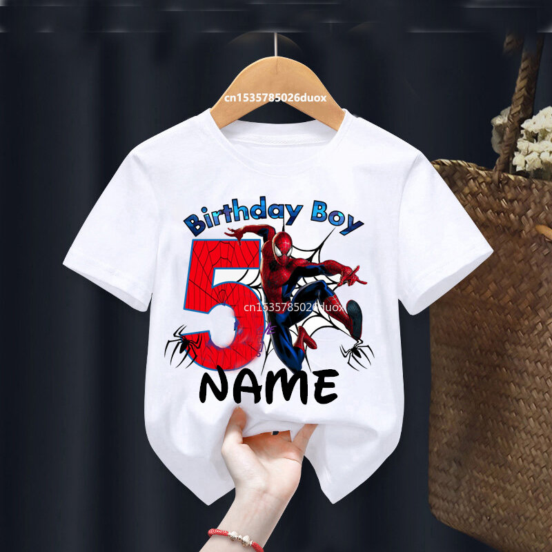 T-shirt à manches courtes Marvel SpidSuffolk pour filles et garçons, chemise d'anniversaire pour enfants, nom personnalisé, 2, 3, 4, 5, 6, 7, 8, été, 2024