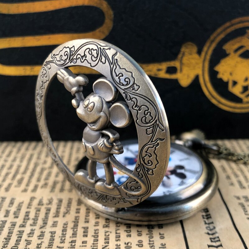 Classic Hollow Cartoon Mouse Quartz Pocket Watch Roman Numerals Popular Accessories Strap Chain Pendant Clock Men Women Gifts