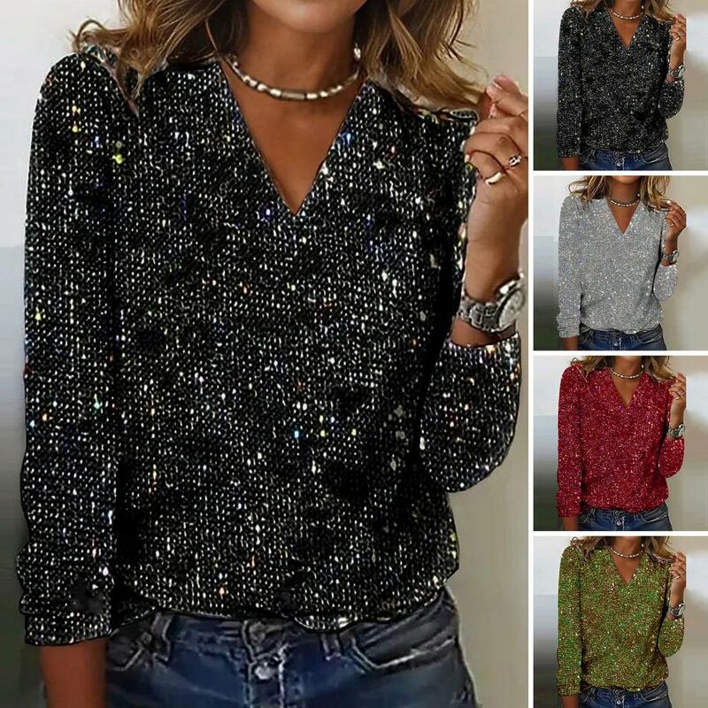 Long Sleeve Top Sequin V Neck Long Sleeve Blouse Soft Pullover for Women Breathable Commute Club Party Shirt Sequin Embellished