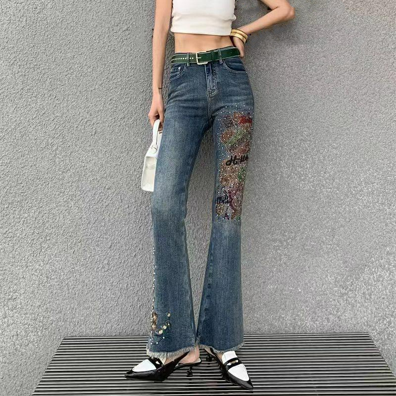 Streetwear Mode Vrouwen Geborduurde Diamanten Wijd Uitlopende Jeans Koreaanse Lente Zomer Nieuwe Vrouw Hoge Taille Slanke Casual Denim Broek