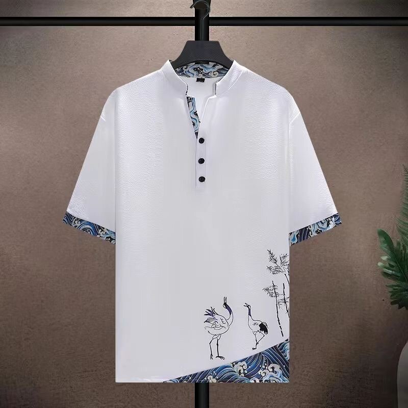 2024 Summer New Fashion Trend Printed Short Sleeve T-shirt Large Size Men's Casual Loose Comfortable Ice Silk Two-Piece Set 4XL