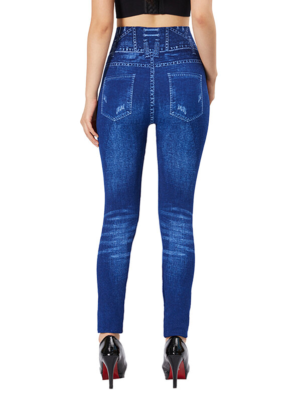 VISNXGI-pantalones de lápiz elásticos para mujer, mallas de mezclilla de imitación, de cintura alta, con agujeros falsos, estampado de bolsillo, color azul