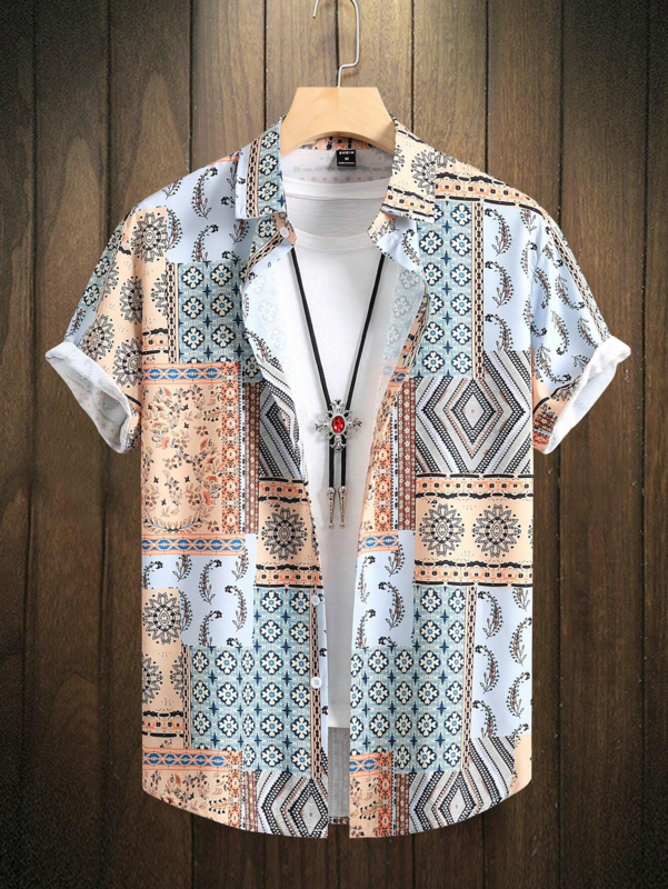 Camisa masculina de manga curta com roupas casuais dispersas, design simples, top estampado em todo o lado, moda solta, verão, 2024