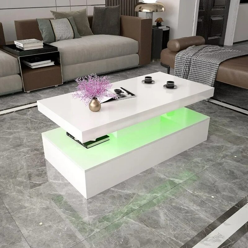 โต๊ะกาแฟแอลอีดีโต๊ะกาแฟสีขาวทันสมัยเงางามพร้อมไฟ RGB โต๊ะกาแฟทรงสี่เหลี่ยมผืนผ้าพร้อมรีโมทคอนโทรลสำหรับการใช้ชีวิต