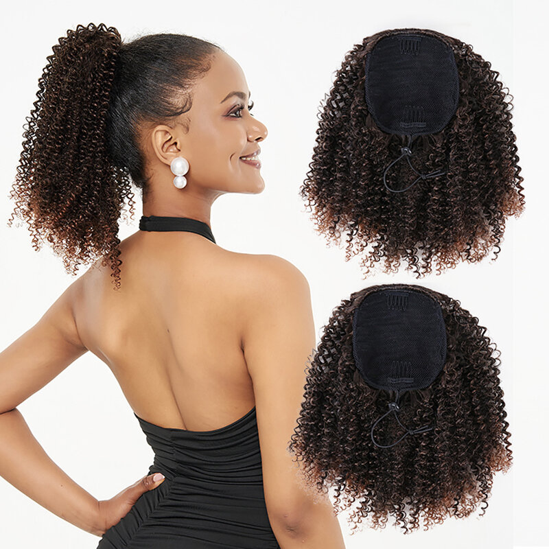 JULIANNA Synthetic Tail Warping 14" Water Curly Hairpiece With Two Plastic Comb Drawstring Ponytail Hair Extension Natural Black
