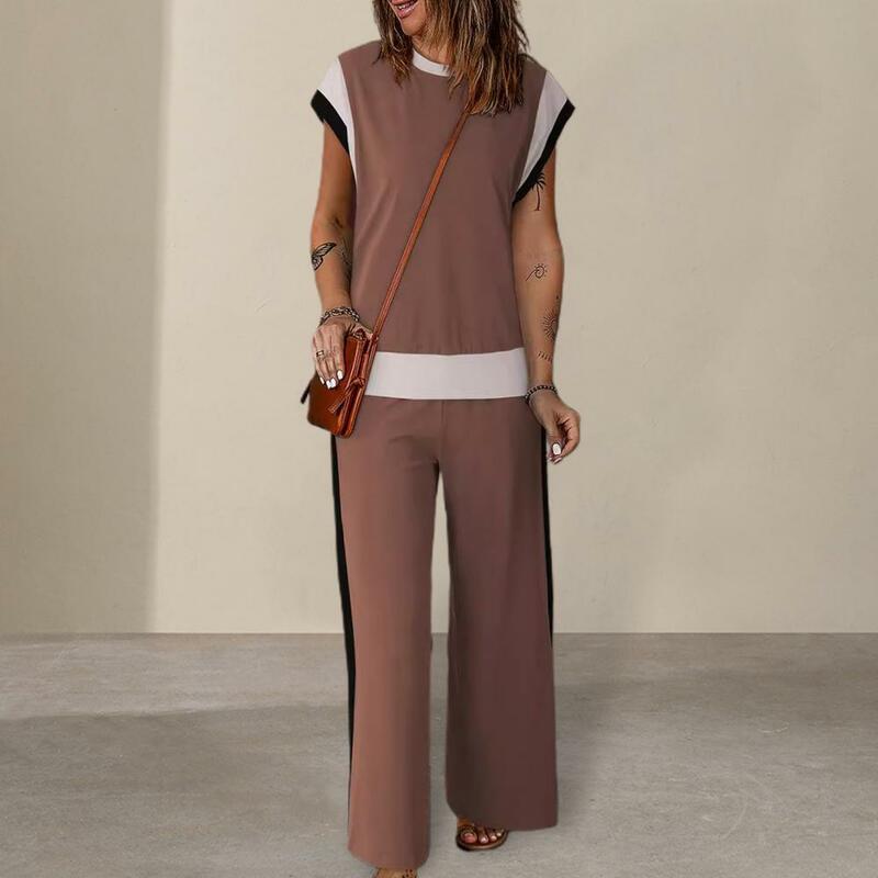 Women Color-blocked Suit Set Women's Top Wide Leg Pants Set for Outfit Loose O Neck T-shirt with Color Matching Bottoms Sporty
