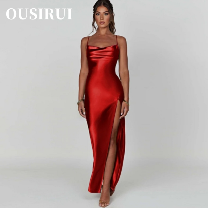 OUSIRUI abito da sera rosso Boho Sexy transfrontaliero dalla moda europea e americana elegante ed elegante abito a fessura