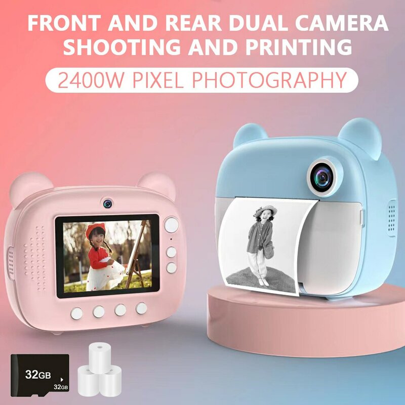 子供用デジタルカメラインスタントプリント子供用サーマルプリントカメラインスタント写真印刷カメラビデオおもちゃ + 32gメモリーカード