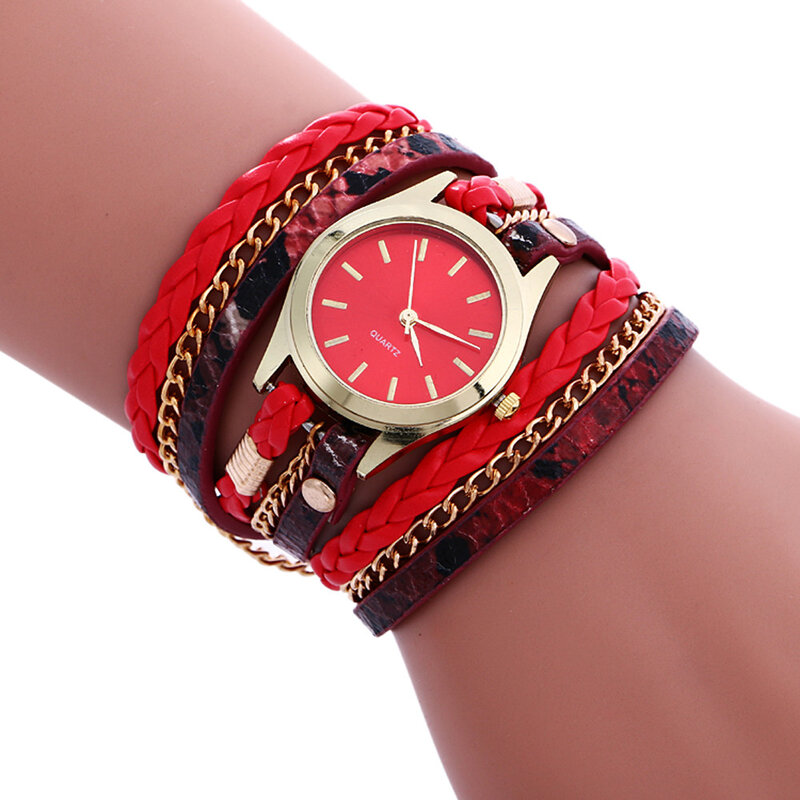 นาฬิกาข้อมือควอทซ์แฟชั่นสไตล์โบฮีเมียนนาฬิกาสำหรับผู้หญิงสำหรับผู้หญิงสานสายหนังรอบสร้อยข้อมือ