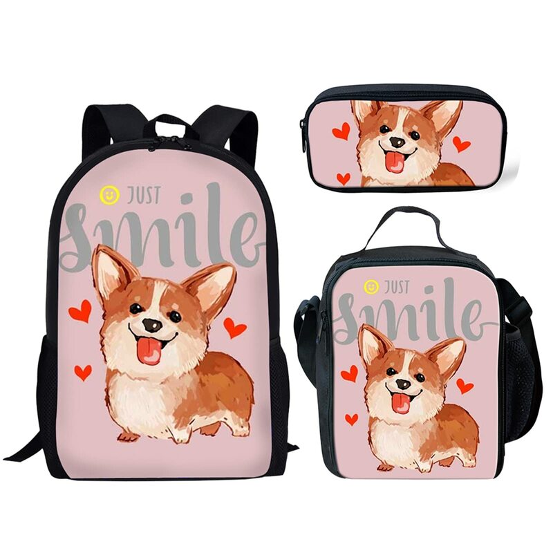 Corgi gambar anjing 3 buah, Set tas sekolah remaja perempuan laki-laki, ransel kasual, tas buku pelajar dengan tas makan siang dan pensil