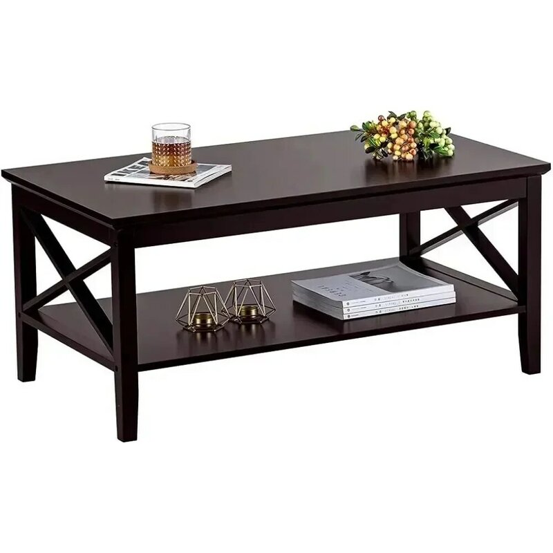 Oxford Coffee Table with Thicker Legs, Espresso Wood Coffee Table with Storage for Living Room 40 inches, Living Room Table