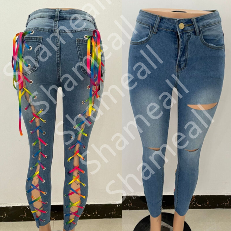 Jeans Panjang Pergelangan Kaki Super Kurus Berenda Silang Pita Seksi Ukuran Plus 5XL Celana Melodi Perban Baggy Robek Melar Jalan