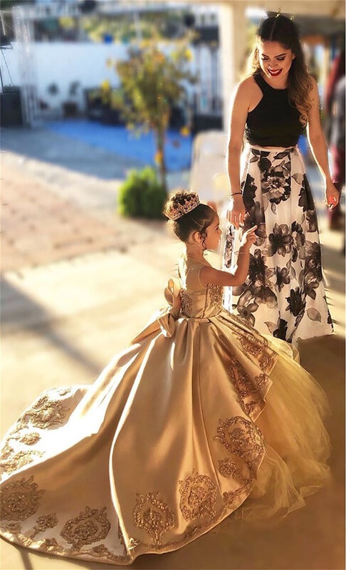 Gaun Gadis Bunga Renda Emas Mewah untuk Gaun Pesta Ulang Tahun Pernikahan Kontes