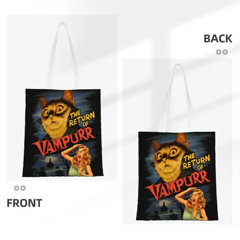 Bolsos de lona personalizados con diseño de gato Vampurr para mujer, bolsas de lona duraderas para compras de comestibles