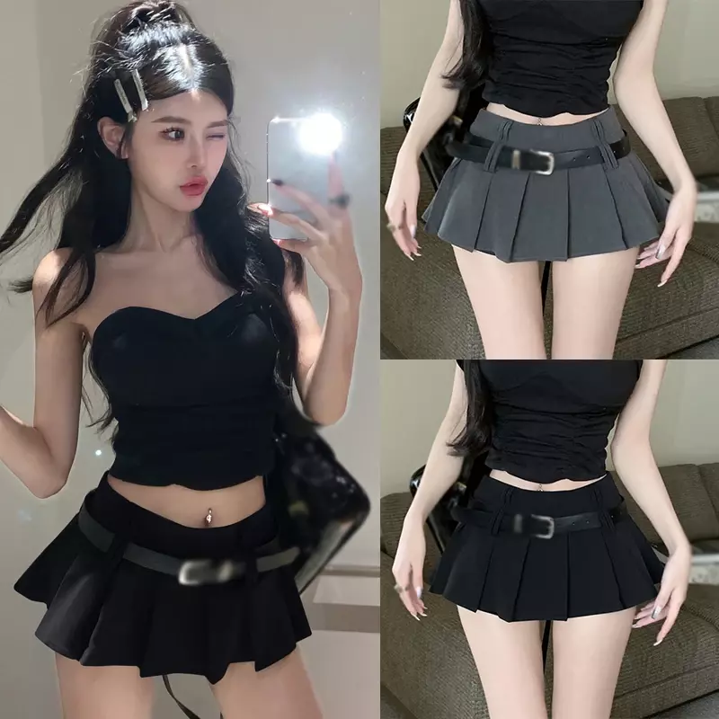 Women's High Waist Short Skirt Sexy and Fashionable Spicy Girl A-line Pleated Skirt with Belt Half length Skirt