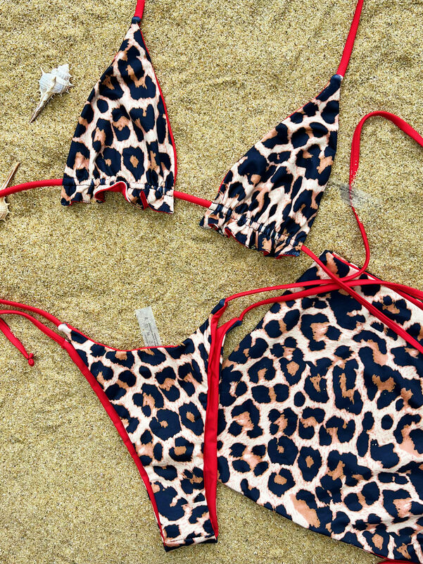 Biquíni Leopard print definido para as mulheres, maiô de duas partes com cordão e mini-saia, roupas de praia