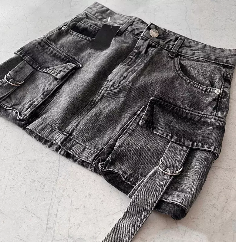 Saias jeans multi bolso Harajuku para mulheres, mini saia Y2K, linha A, cor sólida, casual, streetwear versátil, moda menina quente, novo, 2024