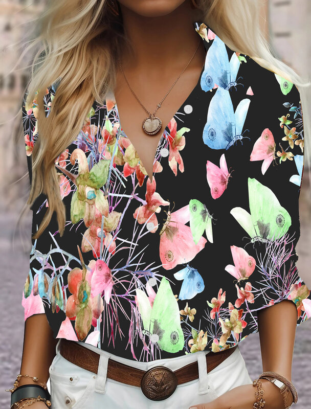 Camisa florada de manga comprida para mulher, confortável e respirável, roupa diária, moda casual, design de botões, 2024