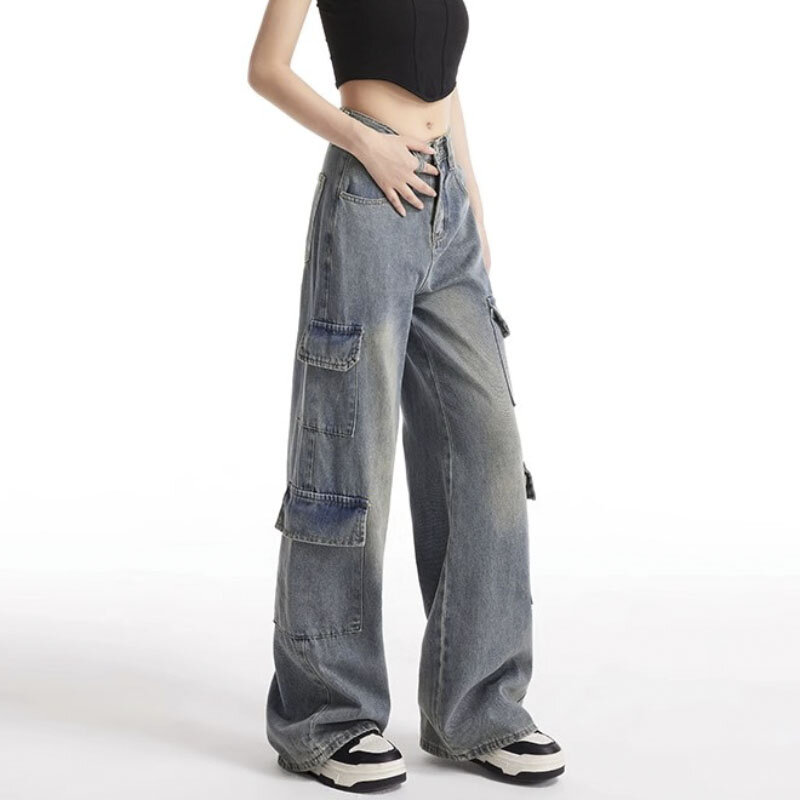 جينز البضائع عالية الخصر واسعة الساق للنساء ، والأزياء خمر ، وتصميم ملابس الشارع ، والسراويل غسل الأمريكية ، بنطلون الدينيم