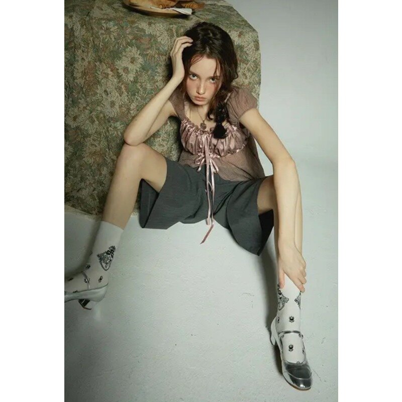 QWEEK-Blusa Transparente Vintage Lace Up para Mulheres, Camisa Coquette Square Collar, Moda Harajuku Verão Feminino, Grunge Streetwear, Y2k
