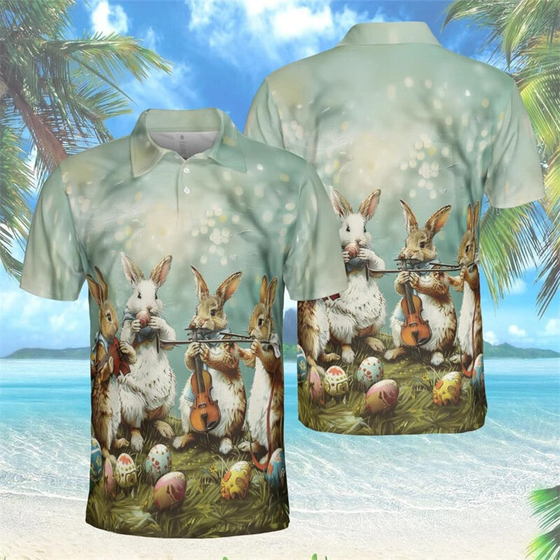 Летняя Пасхальная мужская рубашка-поло с 3d принтом кролика, свободная рубашка оверсайз, повседневные уличные Топы с коротким рукавом для мужчин, футболки для мужчин 2024