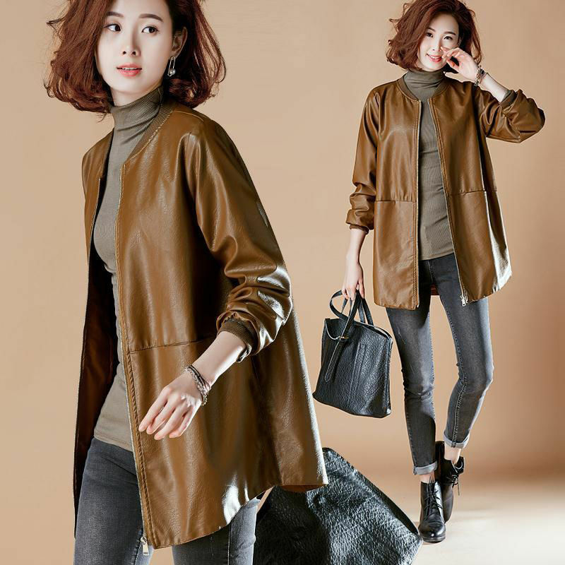 Spring and Autumn Mid-Length Leather Jacket Pu Baseball Suit Women Commuter Style Loose Faux Leather Jacket