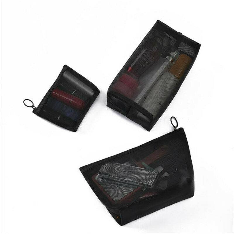 Czarna siatka torebki na makijaż kobiet organizator do torby kosmetyczne dla dziewcząt podróżujących przenośne mycie szminki kosmetyczki do przechowywania podpaska higieniczna