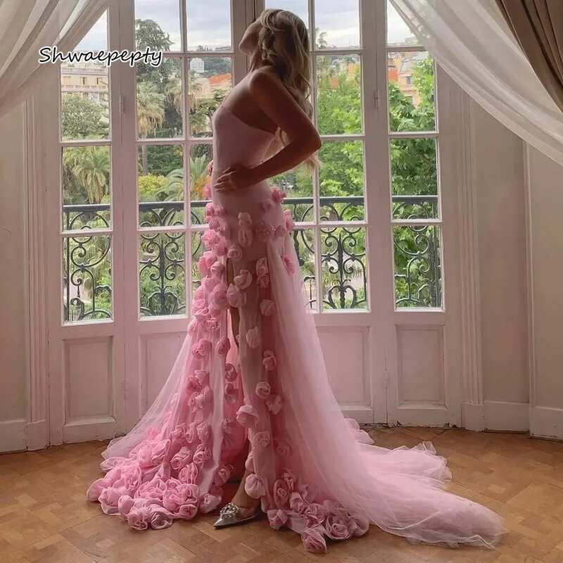 Vestido de casamento rosa feito à mão para mulheres, pescoço querido, fenda lateral, vestidos de noiva sexy, vestido longo de noivado