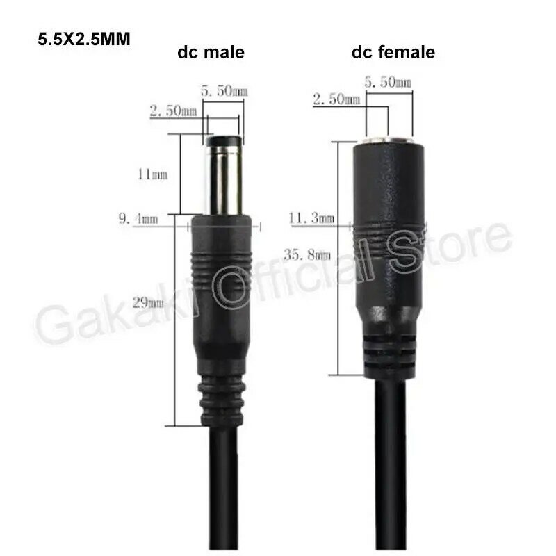 Fêmea para macho Splitter Plug cabo de alimentação, conector do adaptador cabo, LED Strip, CCTV, câmera, 20awg, 5A, 1, DC, 2, 3, 4, 5.5x2.5mm